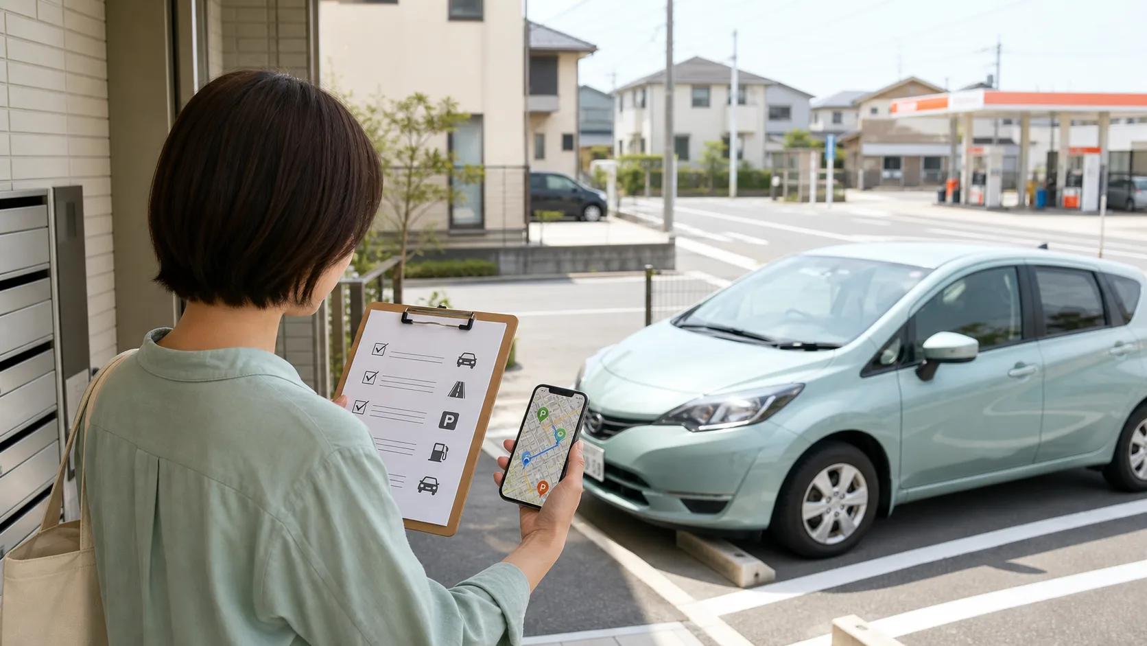 新居の駐車場でスマートフォンの地図とチェックリストを使いながら車の生活導線を確認するイメージ