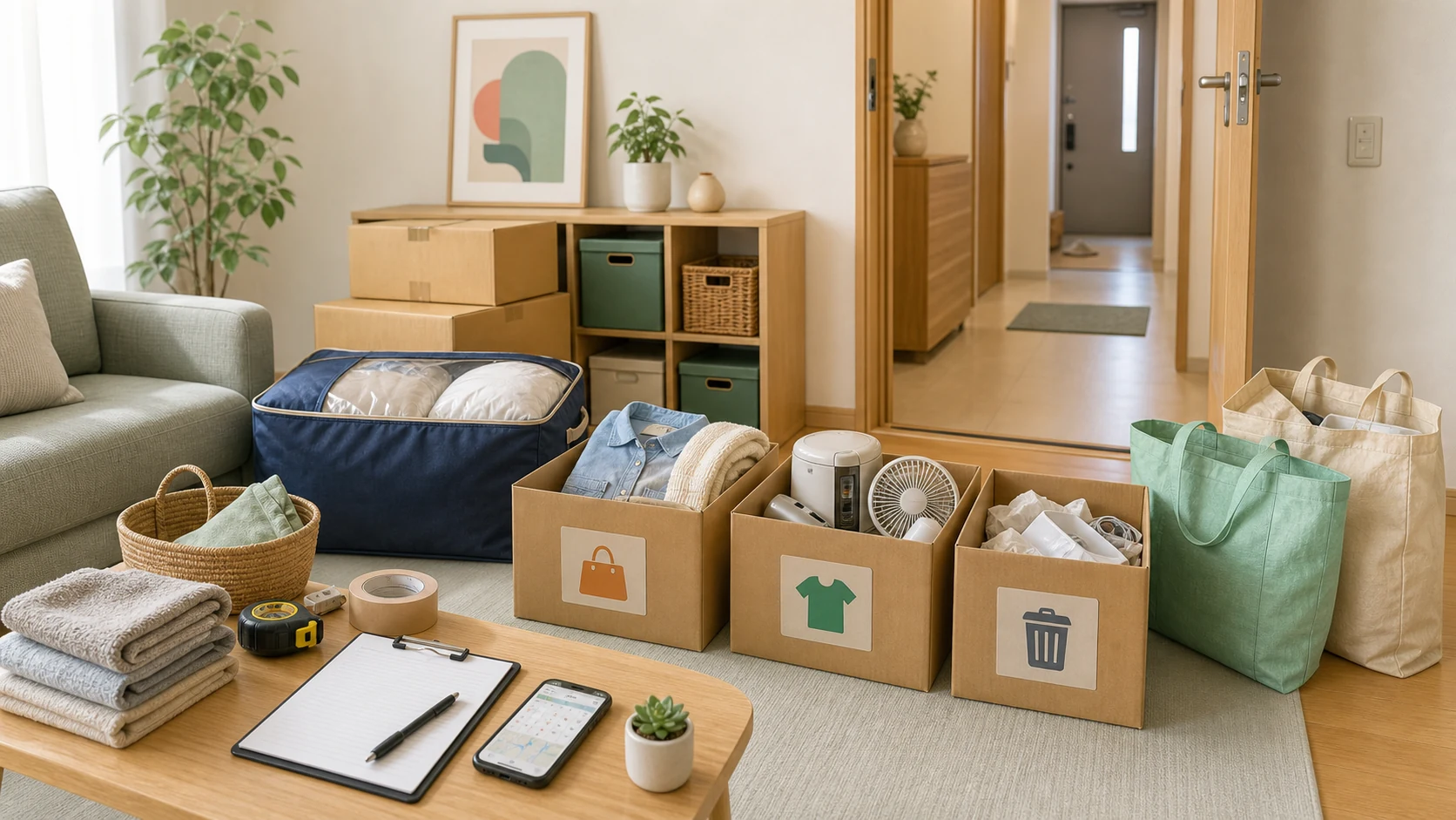 引っ越し前の部屋で段ボール、布団袋、小型家電、回収候補を整理して片付け計画を確認するイメージ