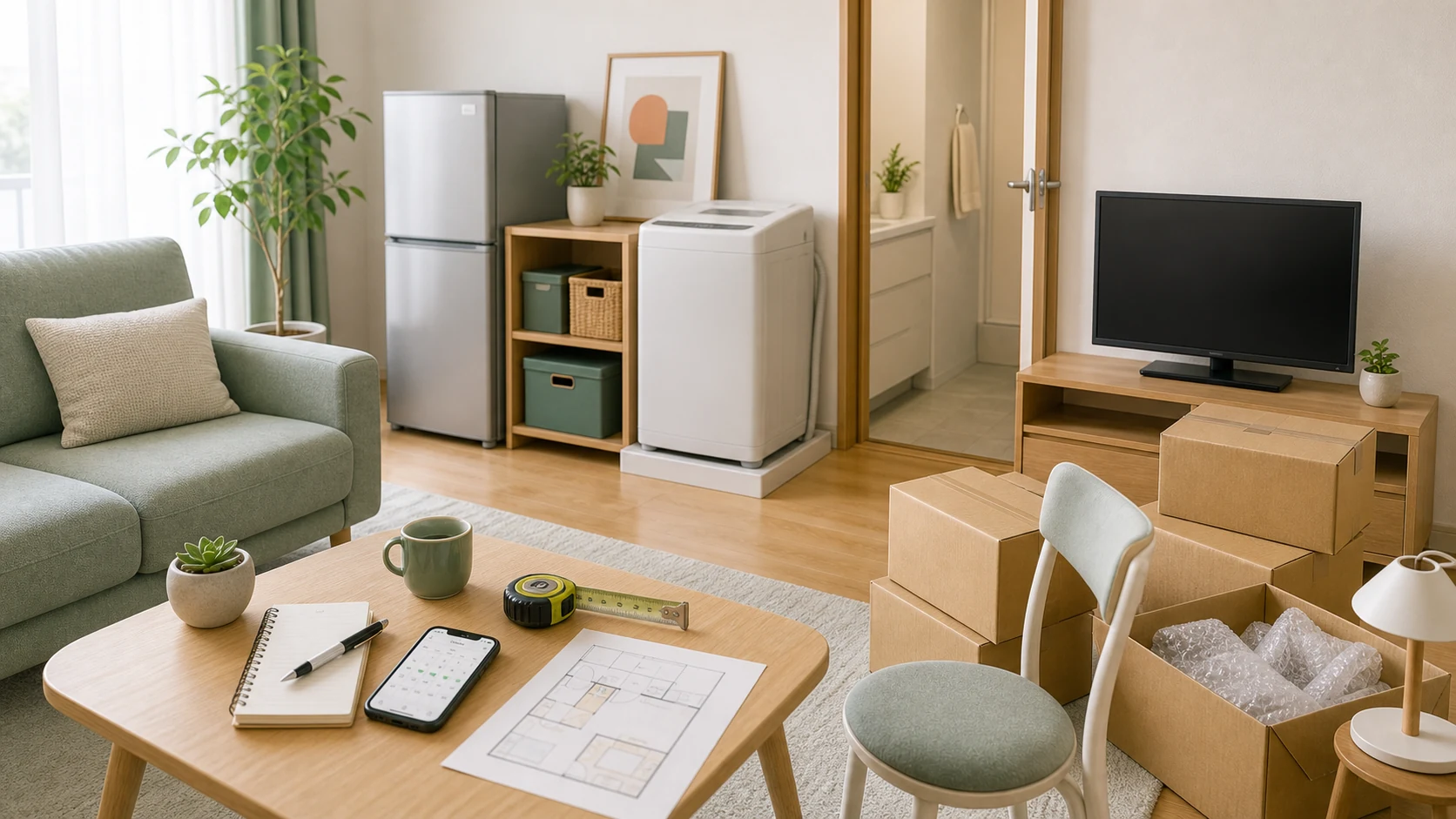 新居の部屋で家具、家電、段ボール、間取り図、メジャーを使って搬入と配置を確認するイメージ