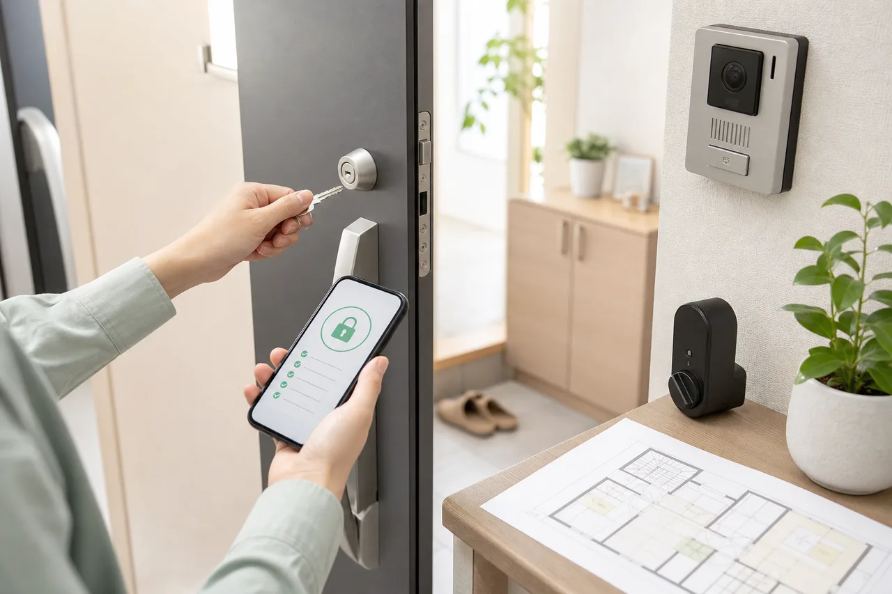 新居の玄関で鍵とスマートフォンを使いながら鍵交換やスマートロックの確認をするイメージ
