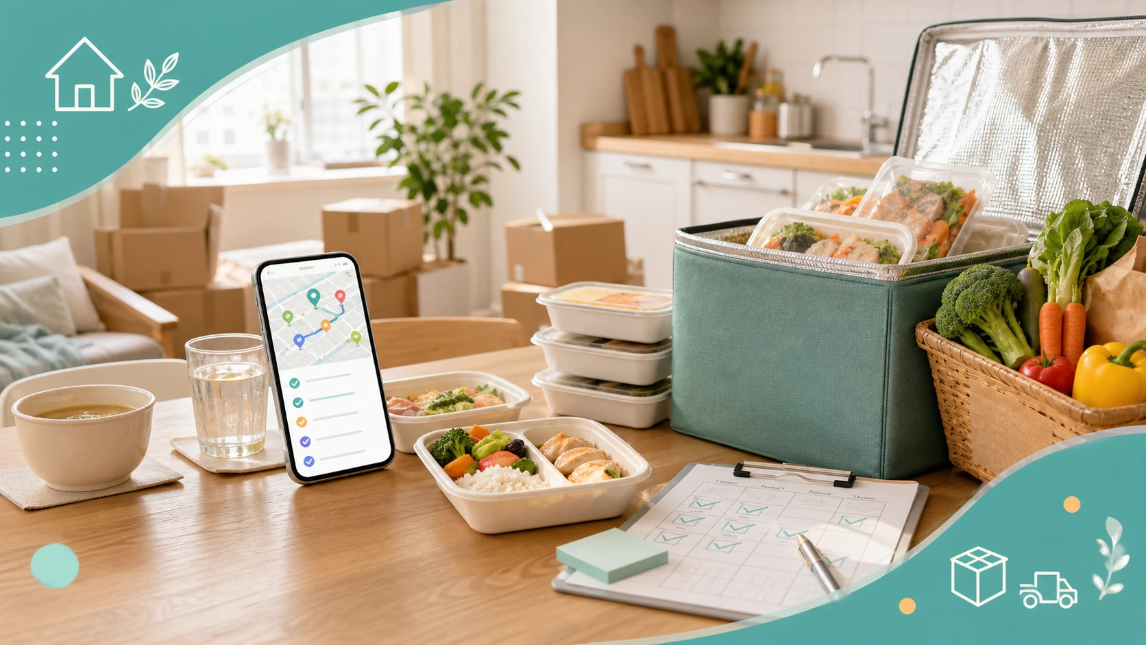 引っ越し直後の部屋で宅配弁当、食材、スマートフォンの地図を使って食事準備を確認するイメージ