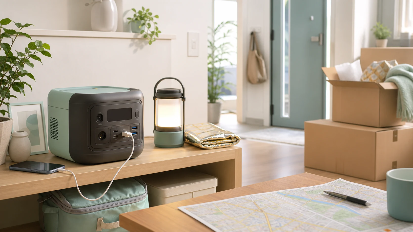 引っ越し後の部屋でポータブル電源、LEDランタン、スマートフォン、地図を使って停電対策を確認するイメージ