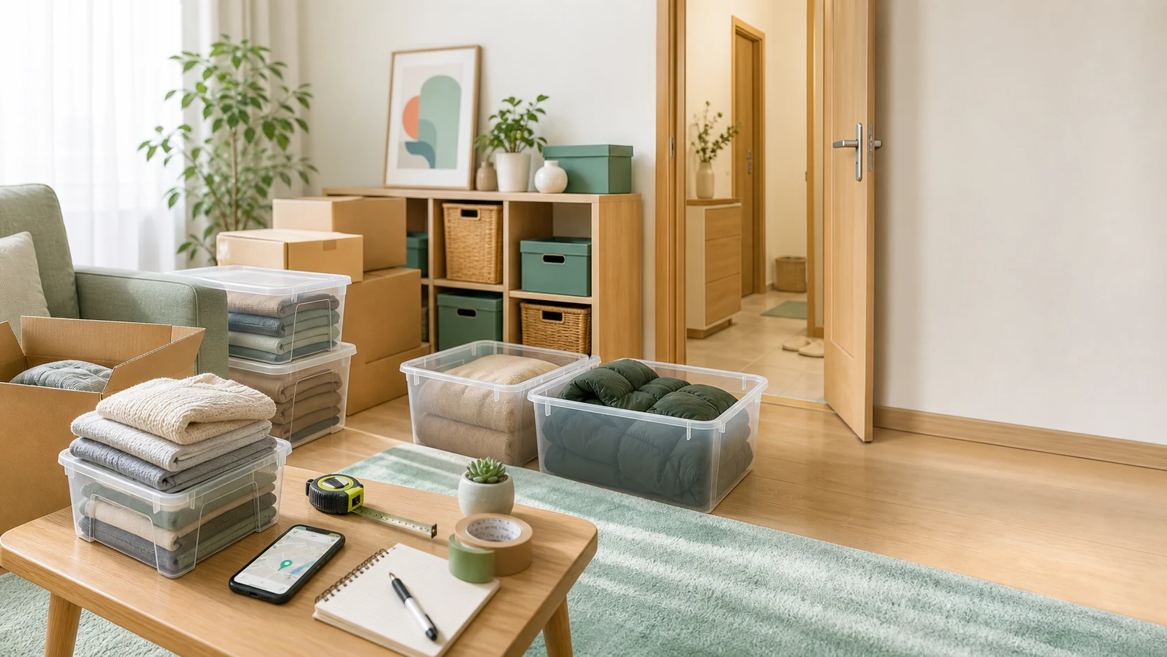 引っ越し後の部屋で収納ケース、段ボール、季節物、メジャー、スマートフォンを使って荷物整理を確認するイメージ